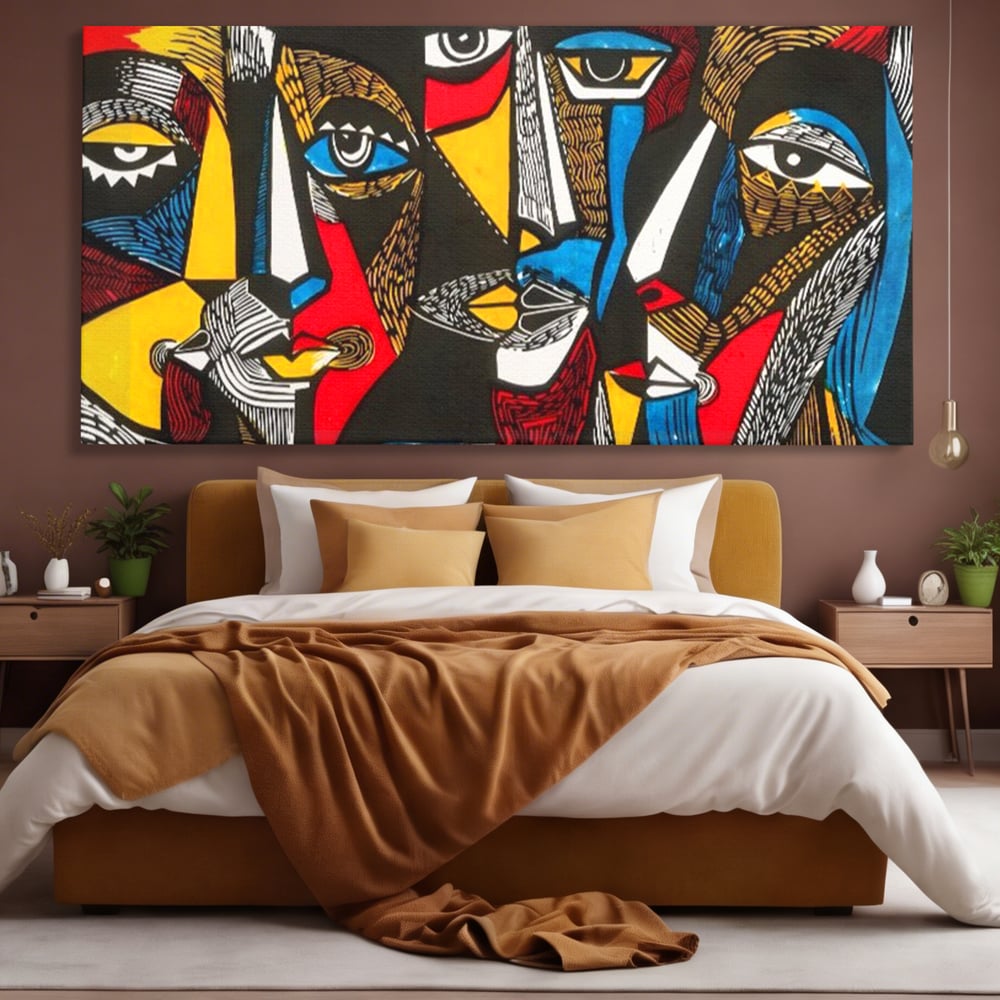 Tablou canvas cu tablou abstract cu fete colorate, fara rama, pe sasiu de lemn, pe perete intr-un dormitor